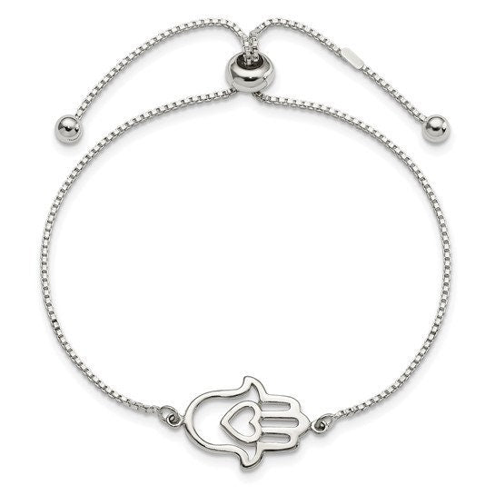 925 Sterling Silver Adjustable Heart Hamsa Evil Eye Chain Polished Dainty Bolo Bracelet