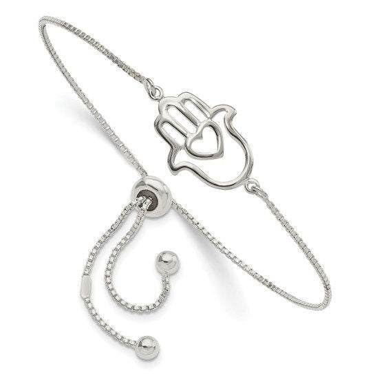 925 Sterling Silver Adjustable Heart Hamsa Evil Eye Chain Polished Dainty Bolo Bracelet
