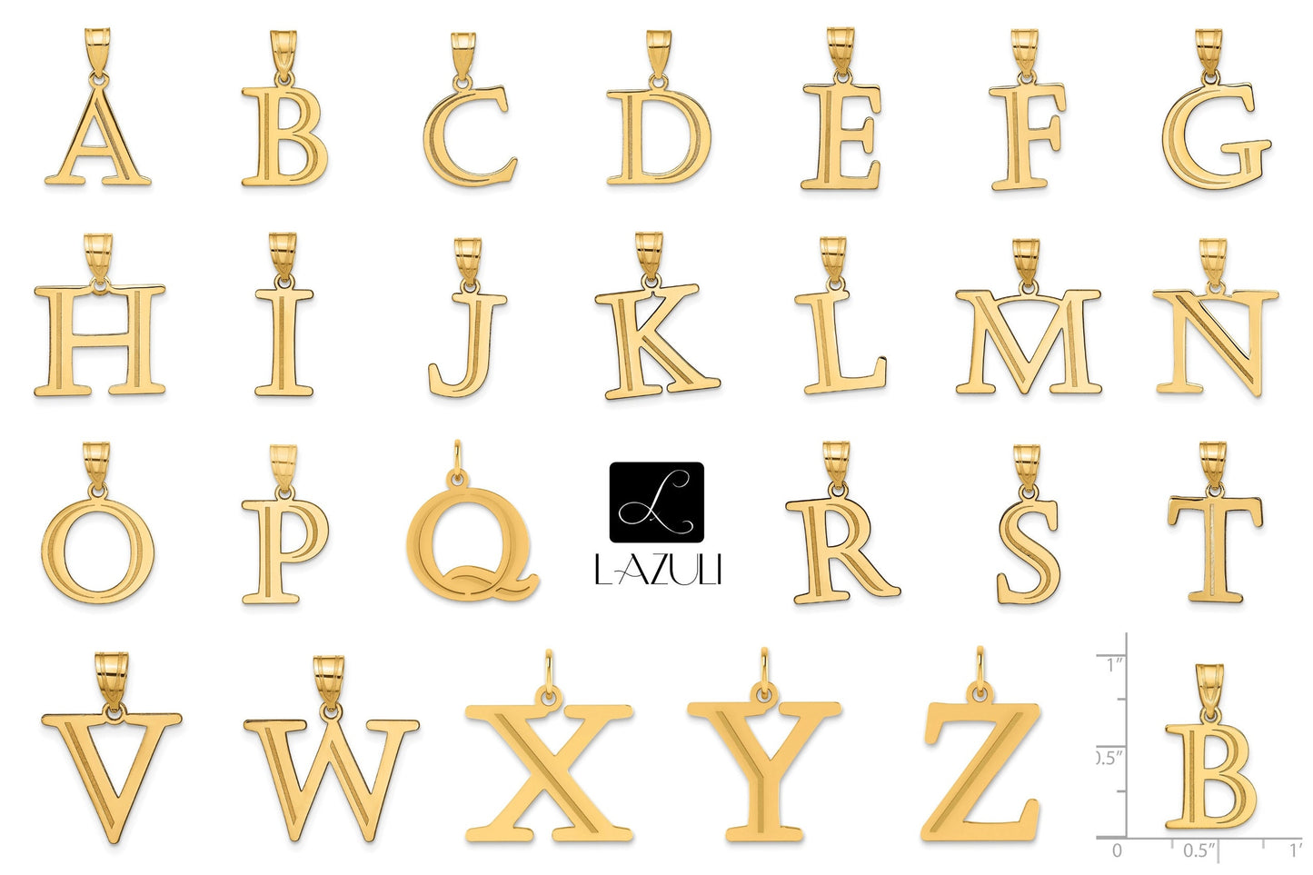 10K or 14K Solid Gold Initial Letter Alphabet Charm Pendant 3/4 " Long Laser Etched Block Font Simple Minimalist Yellow or White Gold