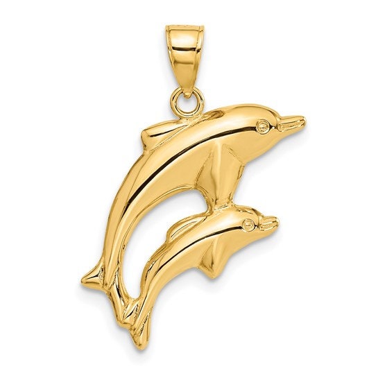 14k Yellow Gold 3-D Pair Dolphin Pendant Charm for a Chain or Necklace .9" Long Not Gold Plated. Real 14K Gold. Bail can fit up 4mm chain.
