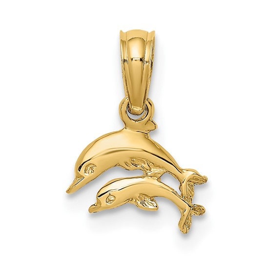 10k Yellow Gold Small Double Dolphin Pendant Charm for a Chain or Necklace 1/4" x 1/4" Not Gold Plated. Real 10K. Bail can fit up 5mm chain.