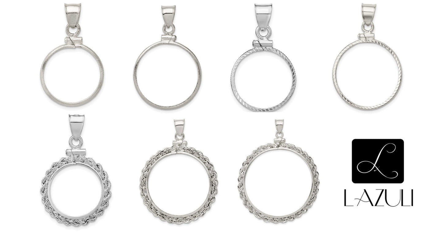 Sterling Silver 925 Coin Bezel Mountings for Coins Cent Dime Nickel Quarter Half Dollar Plain, Diamond Cut, Rope Chain Screw Top Pendant
