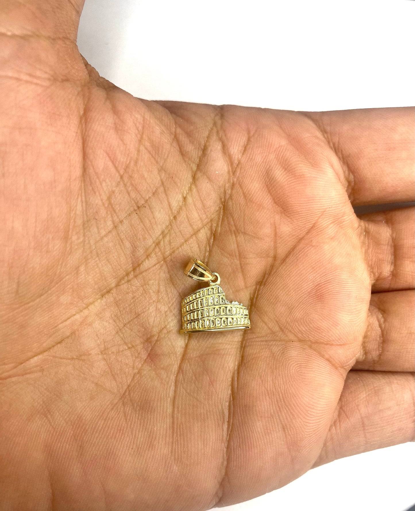 14K Solid Yellow Gold Textured Italy Coliseum Charm Pendant Charm .6" Longx.6" Wide. Destination Travel Great 4 Necklace or Charm Bracelet