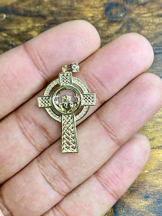 14k Solid Yellow or White Gold Celtic Iona Claddagh Cross Charm Pendant 1.5" Long x .8" Width. Classic Religious Irish Jewelry