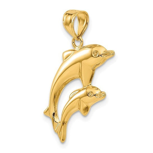 14k Yellow Gold 3-D Pair Dolphin Pendant Charm for a Chain or Necklace .9" Long Not Gold Plated. Real 14K Gold. Bail can fit up 4mm chain.
