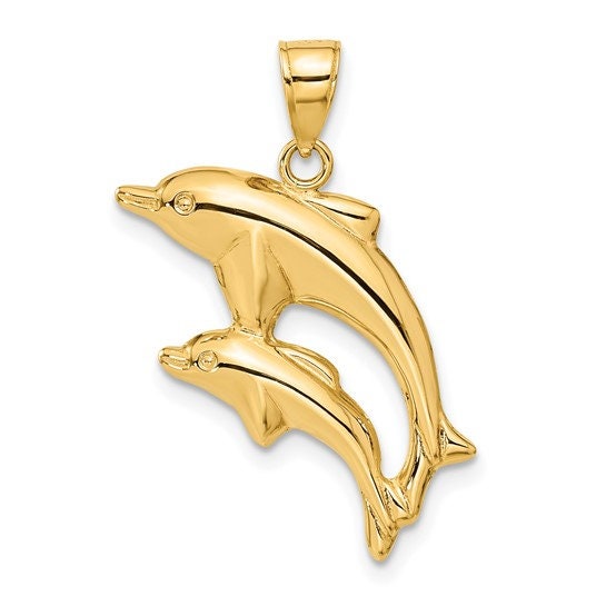 14k Yellow Gold 3-D Pair Dolphin Pendant Charm for a Chain or Necklace .9" Long Not Gold Plated. Real 14K Gold. Bail can fit up 4mm chain.