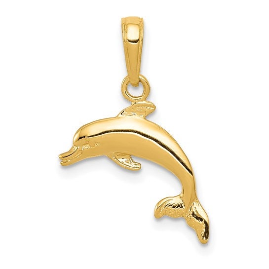 10k Yellow Gold Dolphin Pendant Charm for a Chain or Necklace .8" Long Not Gold Plated. Real 10K Gold. Bail can fit up 4mm chain.