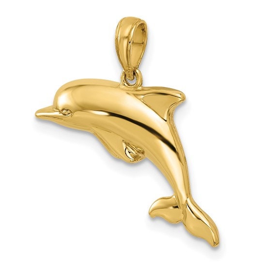10k Yellow Gold Dolphin Pendant Charm for a Chain or Necklace .9" Long Not Gold Plated. Real 10K Gold. Bail can fit up 4mm chain.