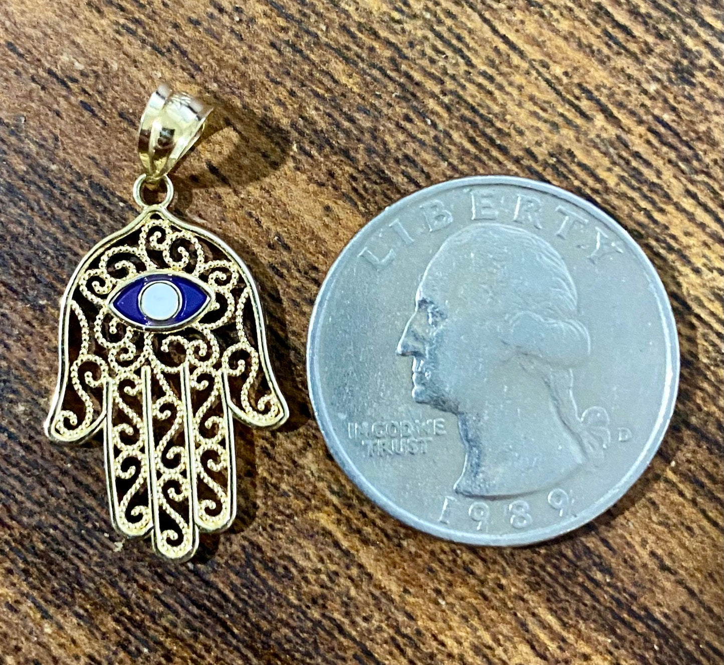 14k Polished and Enameled Solid Yellow Gold Hamsa or Chamseh Evil Eye Pendant Charm for a Chain or Necklace 1" Long Not Gold Plated.