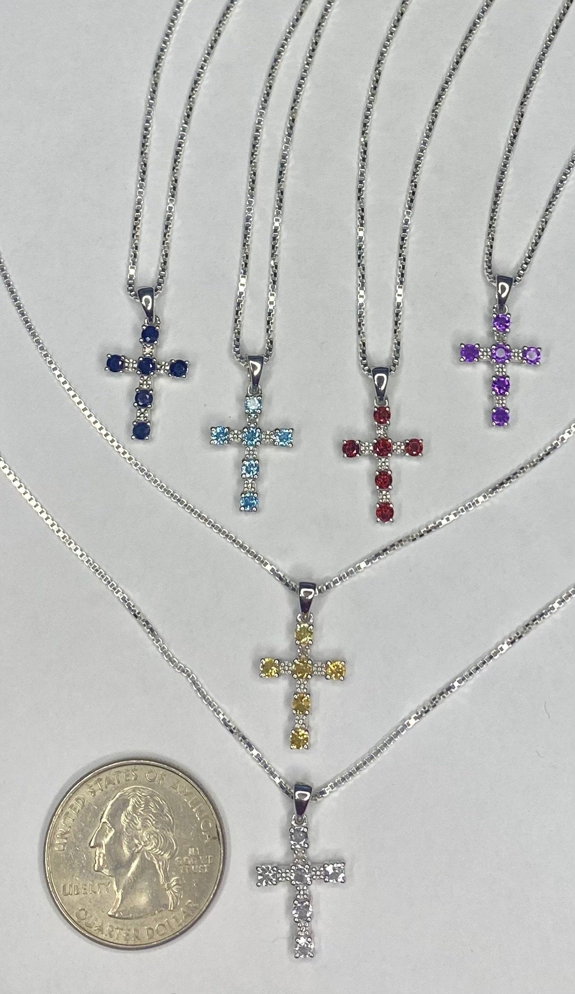 Chain included. Personalized Sterling Silver Birthstone Cross Pendant Charm with a Sturdy Box Necklace