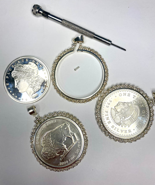 Sterling Silver 925 Coin Bezel Mountings for Coins Cent Dime Nickel Quarter Half Dollar Plain, Diamond Cut, Rope Chain Screw Top Pendant