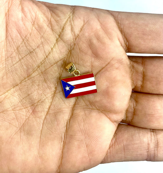 14K Solid Yellow Gold Enameled Puerto Rico Flag Pendant Charm .8" Long