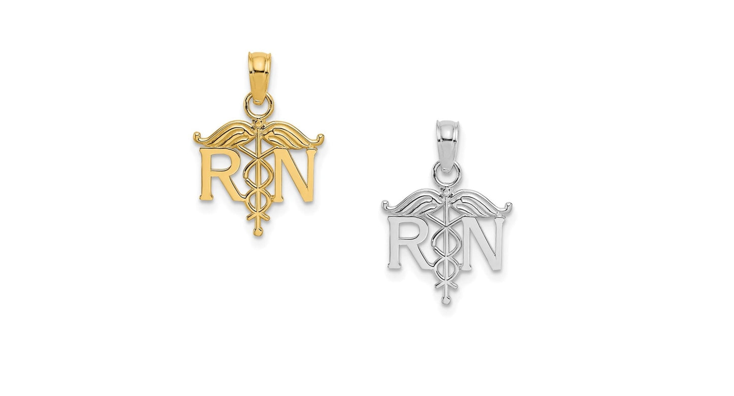 14K or 10K Solid Yellow or White Gold Registered Nurse RN Charm Pendant 1/2" Long x 1/2" Wide Great 4 Necklace / Charm Bracelet