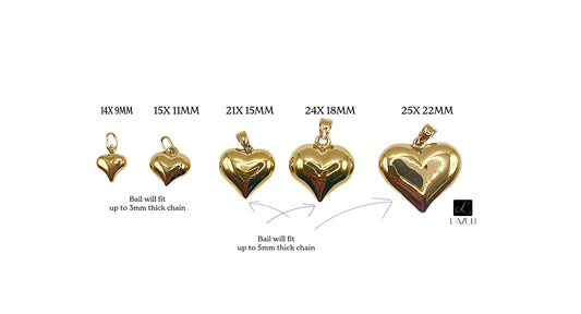 14K Real Gold Puffed Heart Charm Pendant, 3D several sizes Not Gold Plated. Real 14K Gold for a Chain, Necklace or Bracelet. Simple Classic.